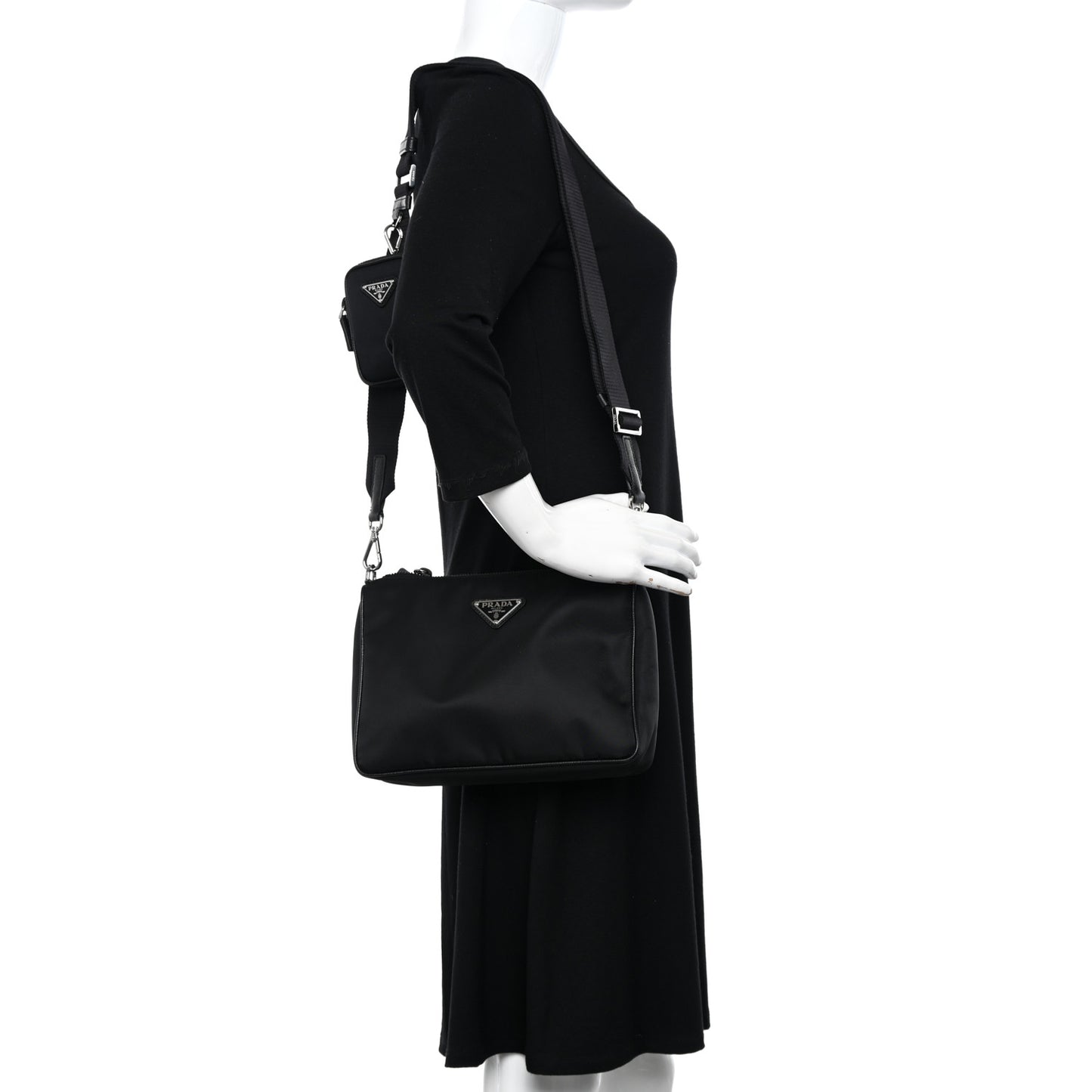 Re-Nylon Saffiano Pocket Zippered Shoulder Bag Black