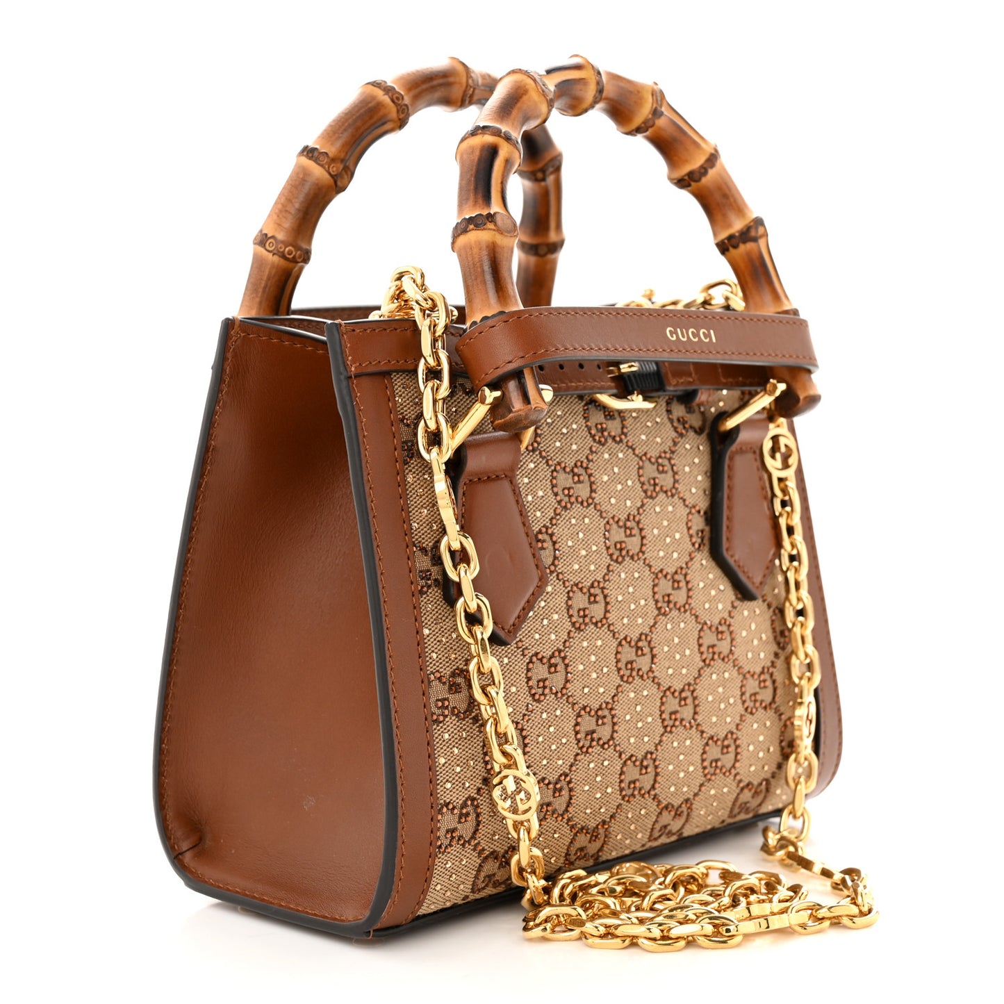 New Canvas Charisma Calfskin Crystal GG Monogram Mini Diana Tote Bag Camel Ebony