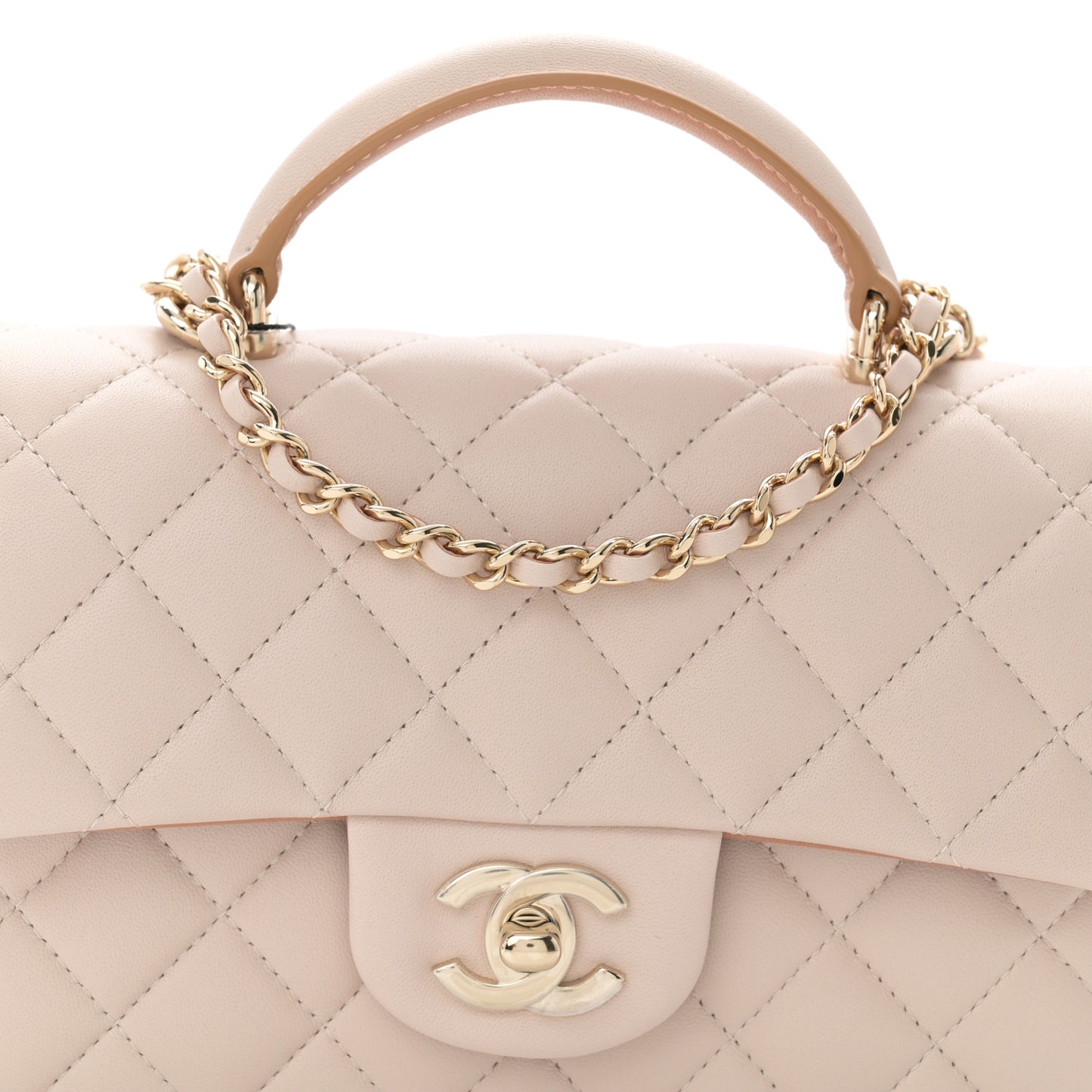 Lambskin Quilted Bi-Color Mini Top Handle Rectangular Flap Ecru Dark Beige