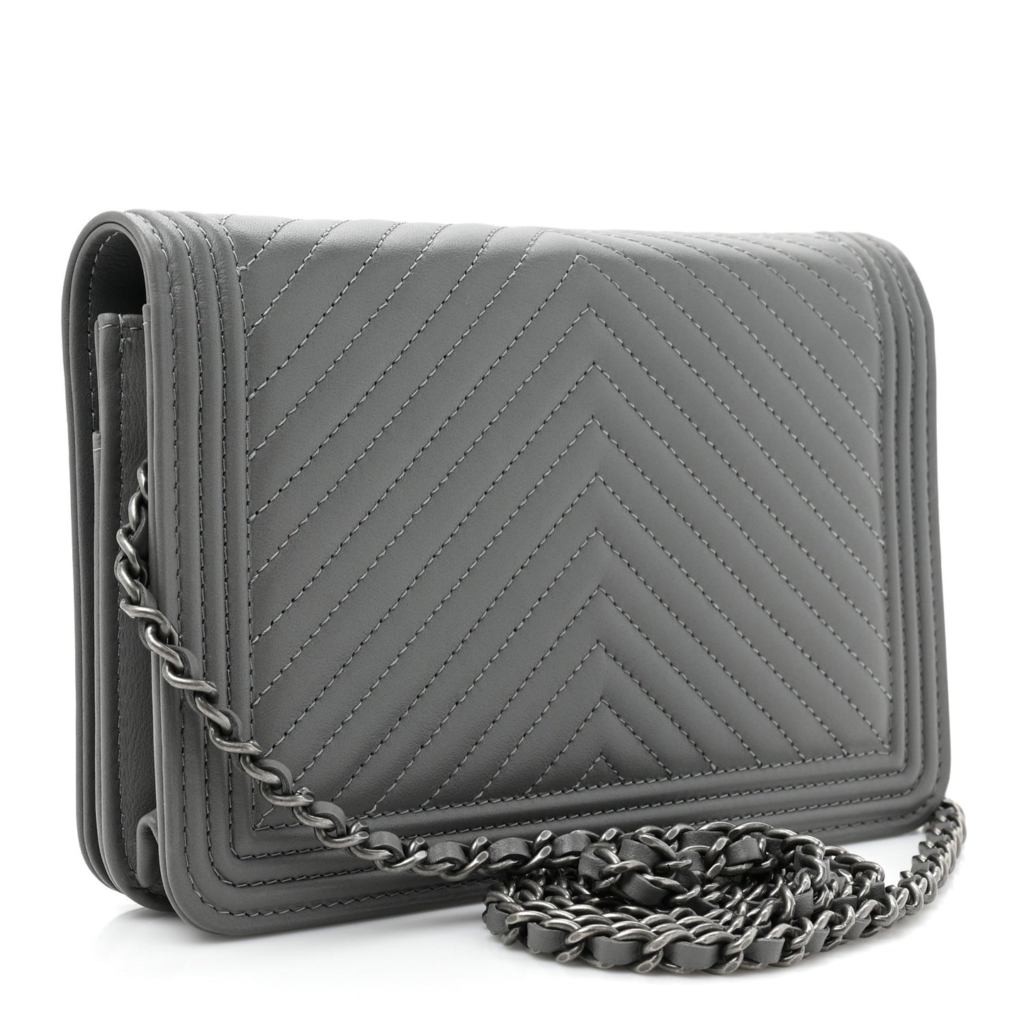 Calfskin Chevron Quilted Boy Wallet On Chain WOC Grey