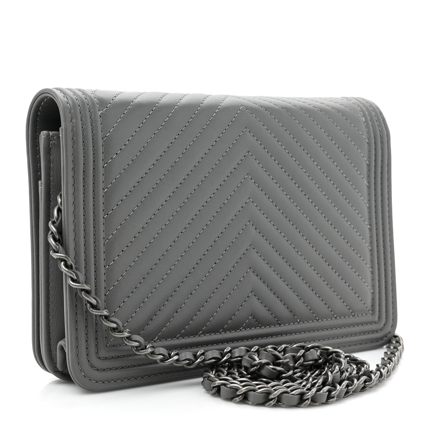 Chanel Calfskin Chevron Quilted Boy Wallet On Chain WOC Grey 4 of 14