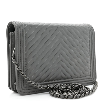 Chanel Calfskin Chevron Quilted Boy Wallet On Chain WOC Grey 4 of 14