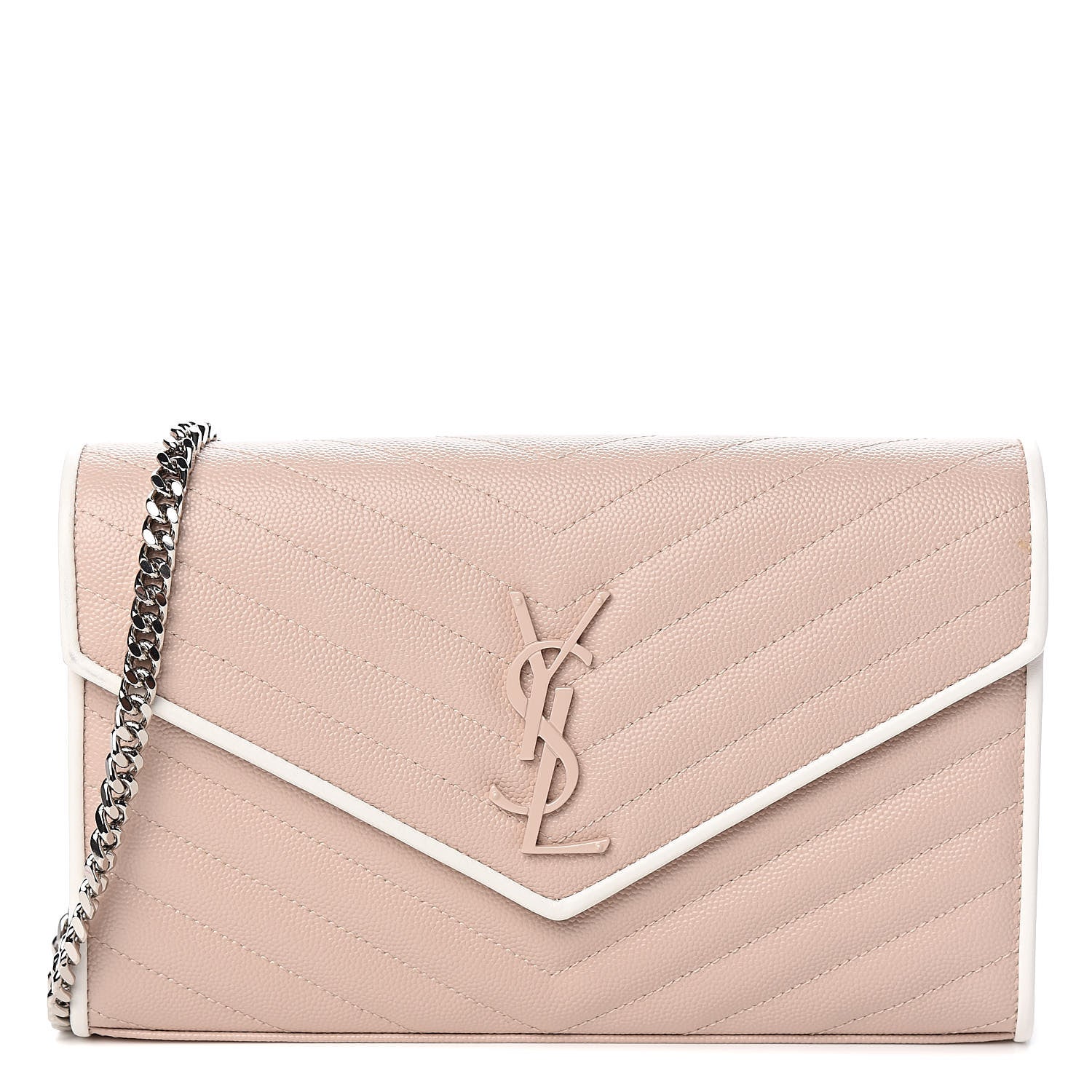 Saint Laurent Grain De Poudre Matelasse Chevron Monogram Chain Wallet Pink and White 1 of 12