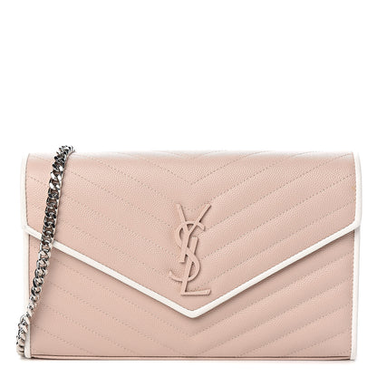 Saint Laurent Grain De Poudre Matelasse Chevron Monogram Chain Wallet Pink and White 1 of 12