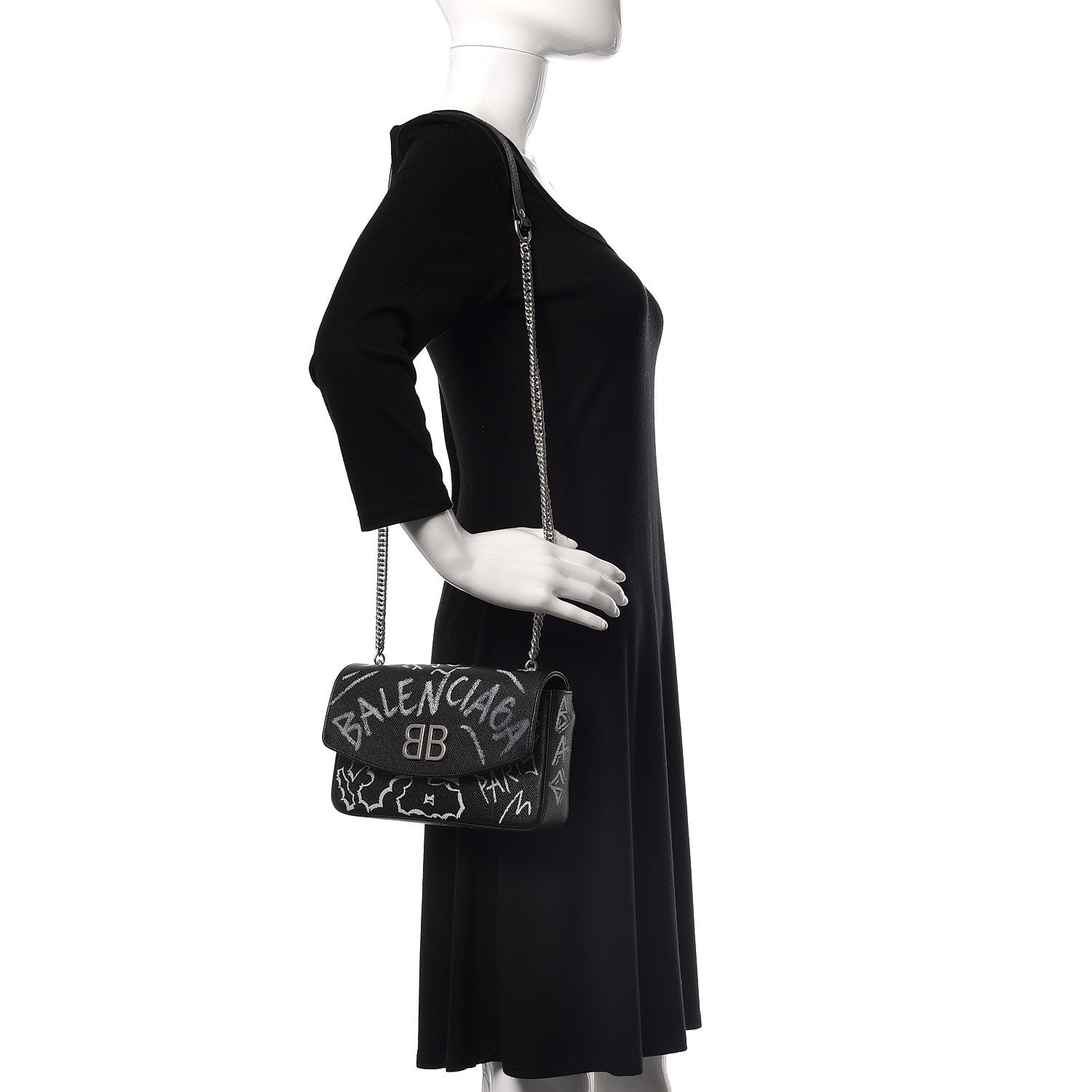 Balenciaga Calfskin Graffiti BB Chain Wallet Black White 2 of 8