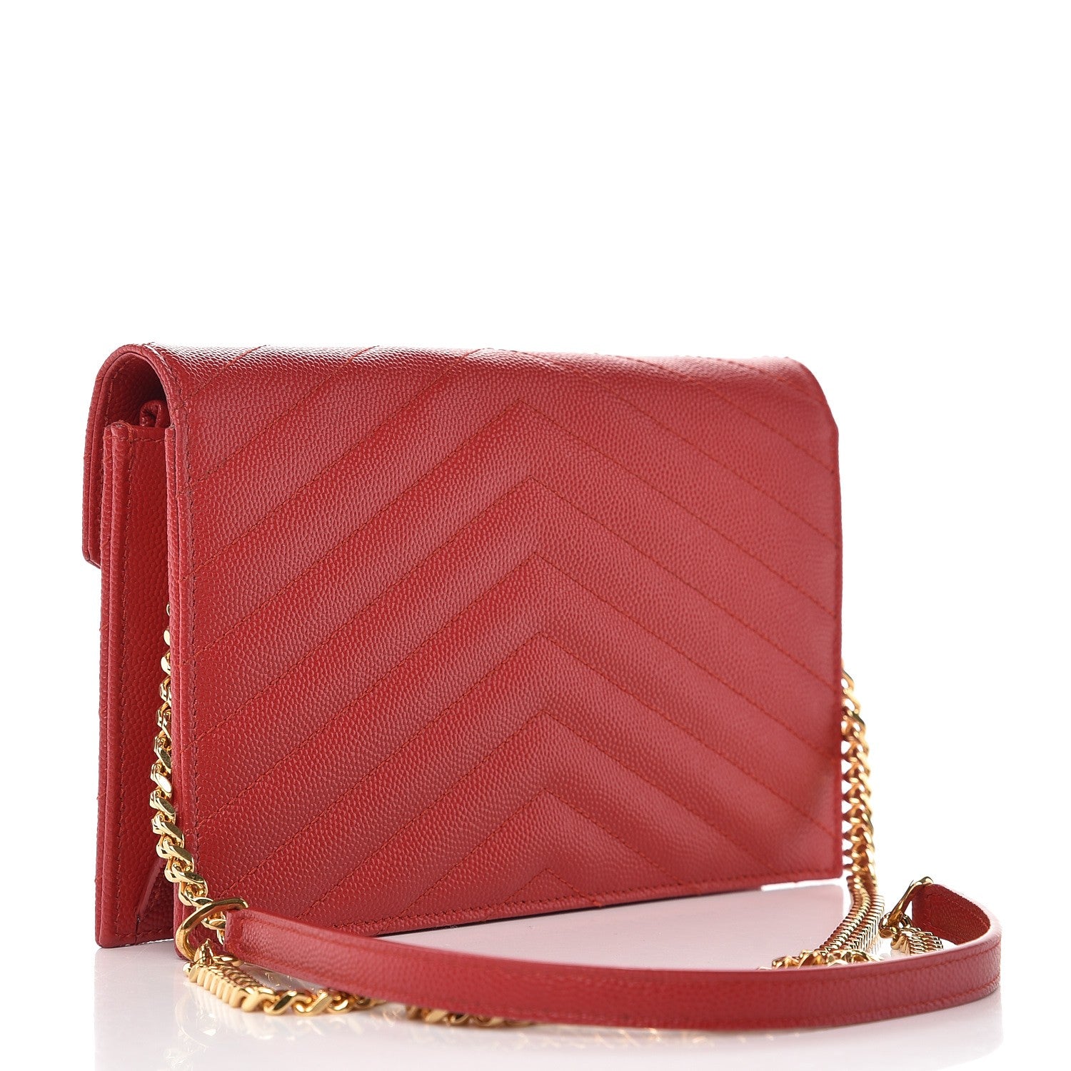 Saint Laurent Grain De Poudre Matelasse Chevron Monogram Envelope Chain Wallet New Red 3 of 7