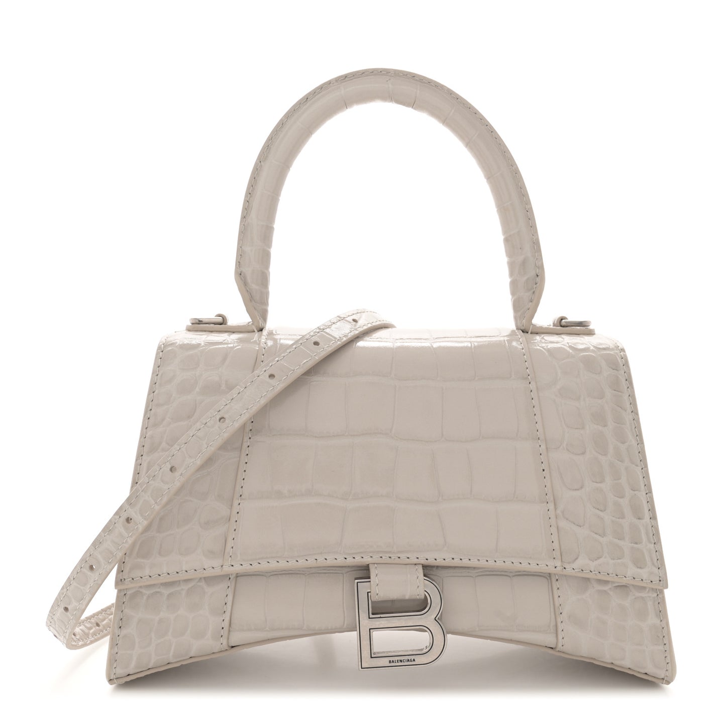 Shiny Calfskin Crocodile Embossed Small Hourglass Top Handle Bag Cold Beige
