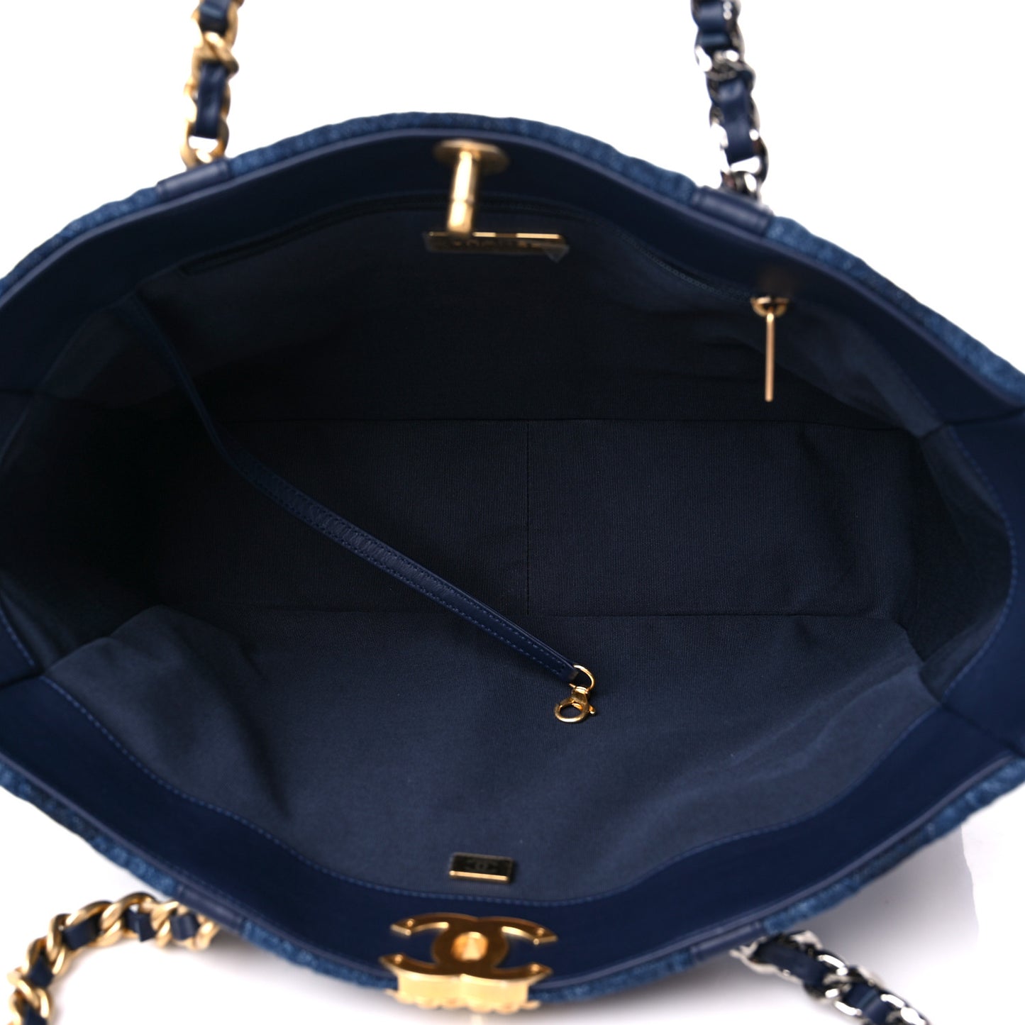 Denim Quilted Chanel 19 East West Shopping Bag Blue