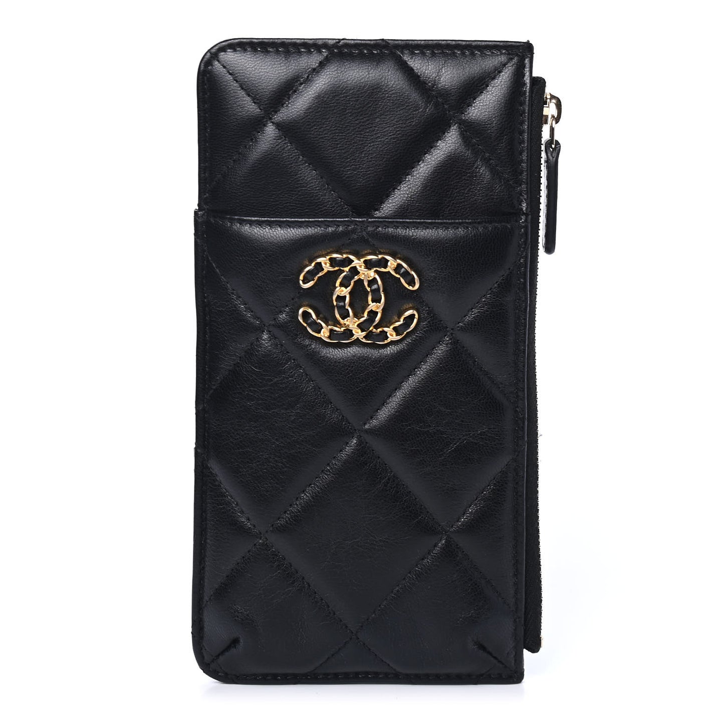 Shiny Goatskin Quilted Chanel 19 Phone and Card Holder Black