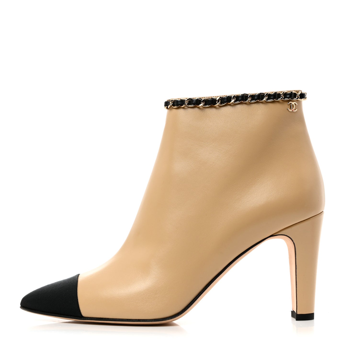 Lambskin Grosgrain CC Chain Cap Toe Short Boots 38 Black 39 Beige Black