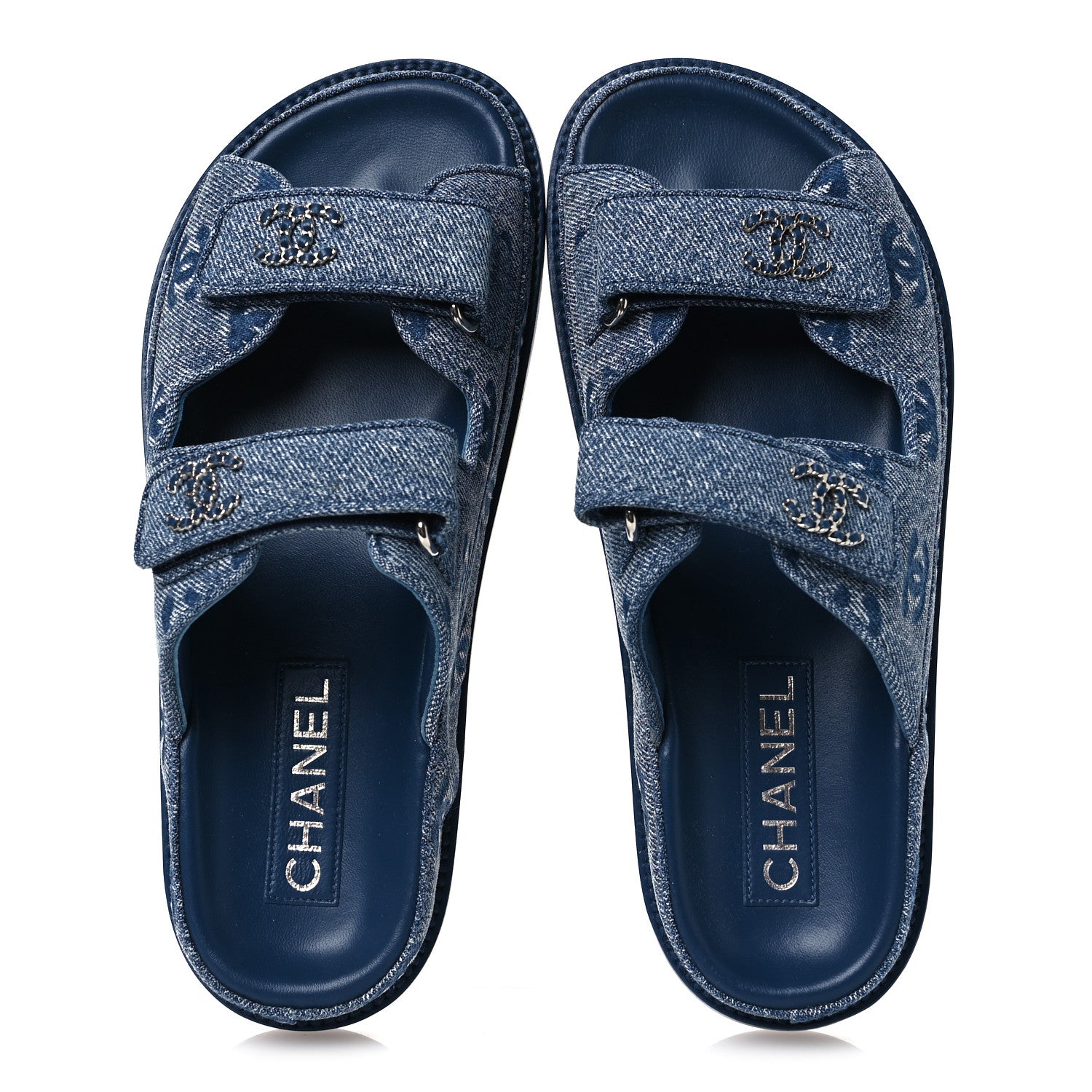 Chanel Denim CC Velcro Dad Chain CC Slide Sandals 37 Blue 2 of 12