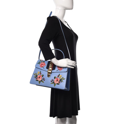 Gucci Calfskin Embroidered Medium Sylvie Top Handle Bag Clear Sky Blue 2 of 13