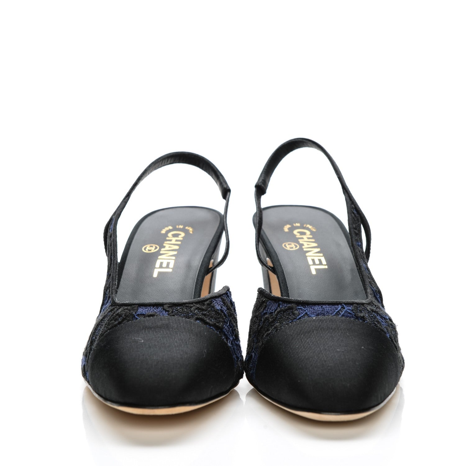 Chanel Lace Grosgrain Cap Toe CC Slingback Pumps 41 Navy Black 2 of 9