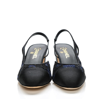 Chanel Lace Grosgrain Cap Toe CC Slingback Pumps 41 Navy Black 2 of 9