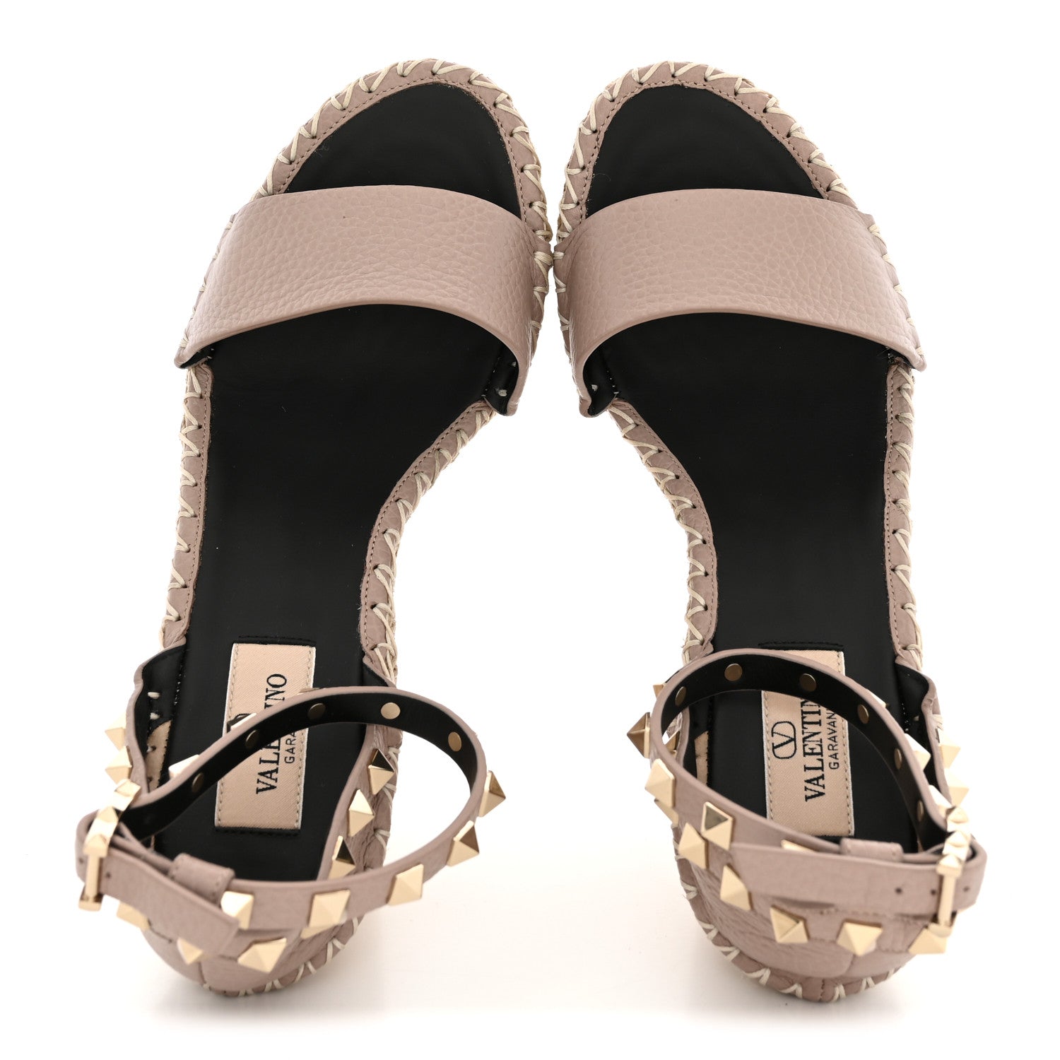 Valentino Garavani Grained Calfskin Rockstud Ankle Strap Espadrille 15/105mm Wedge Sandals 37 Poudre Natural 2 of 11