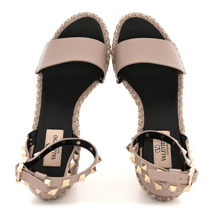 Valentino Garavani Grained Calfskin Rockstud Ankle Strap Espadrille 15/105mm Wedge Sandals 37 Poudre Natural 2 of 11