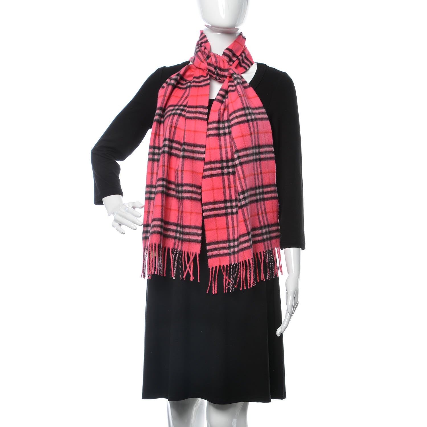 Burberry Cashmere Vintage Check Fringe Scarf Bright Pink 2 of 5