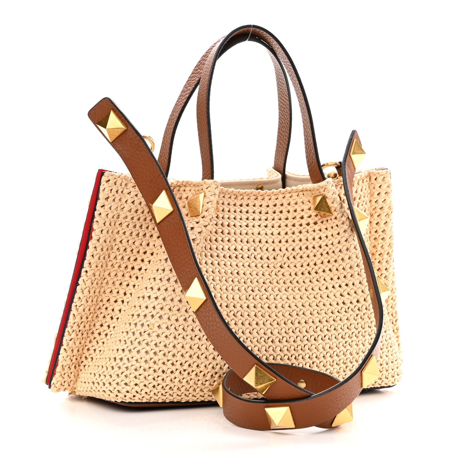 Valentino Garavani Raffia Grained Calfskin Small Rockstud Vlogo Tote Naturale 3 of 11