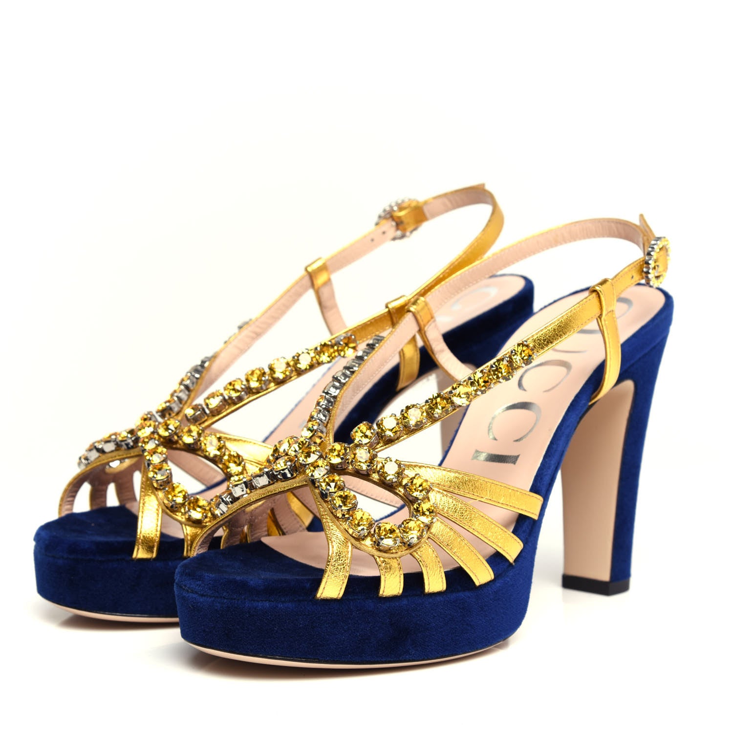 Gucci Velvet Nappa Crystal Zephyra Slingback Platform High Heel Sandals 37.5 Blue Gold 3 of 10