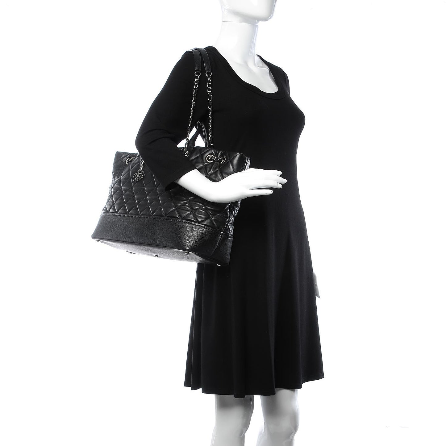 Calfskin Caviar Quilted Large Shopping Tote Black