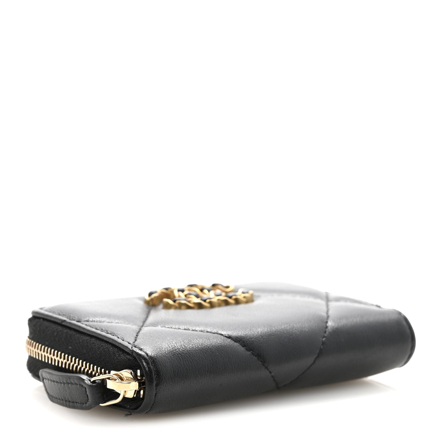 Lambskin Quilted Chanel 19 Zip Around Coin Purse Wallet Black