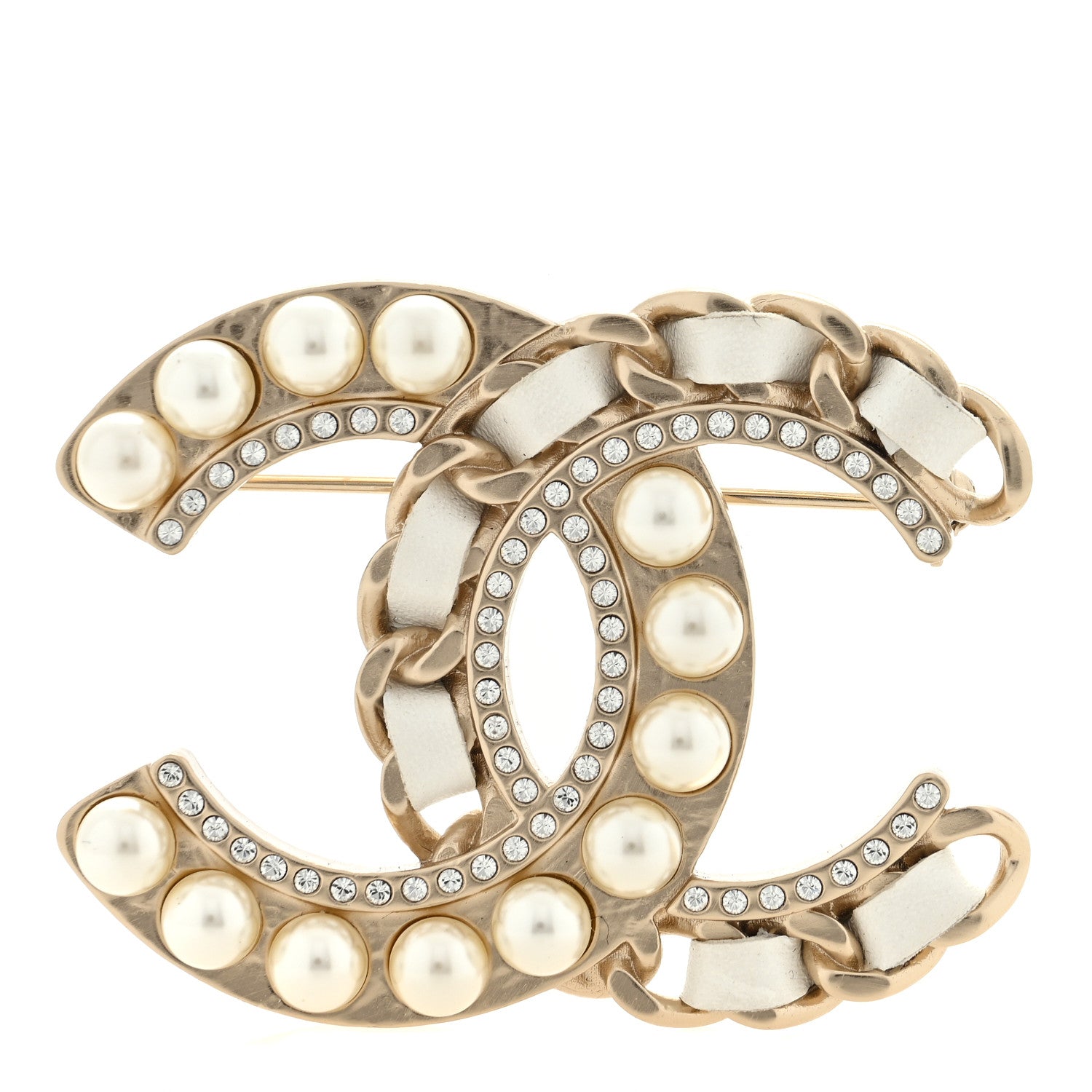 Chanel Lambskin Pearl Crystal CC Chain Brooch White Gold 1 of 3