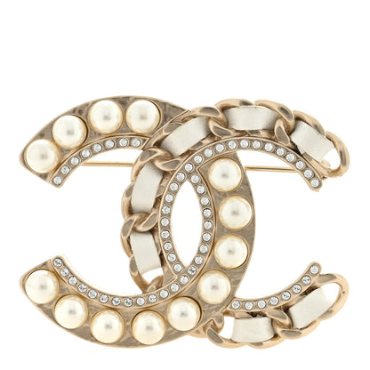 Chanel Lambskin Pearl Crystal CC Chain Brooch White Gold 1 of 3