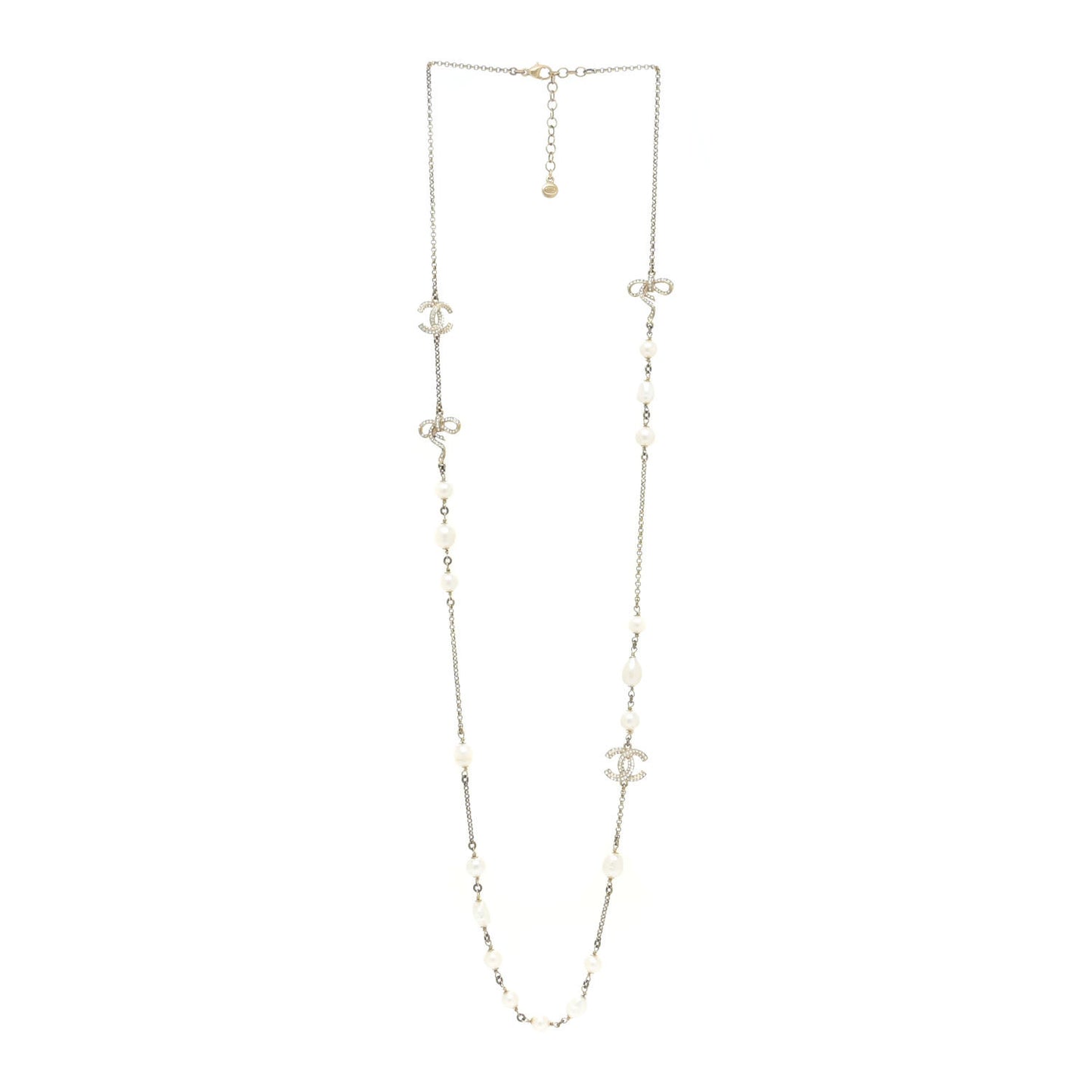 Crystal Pearl CC Bow Long Necklace Light Gold