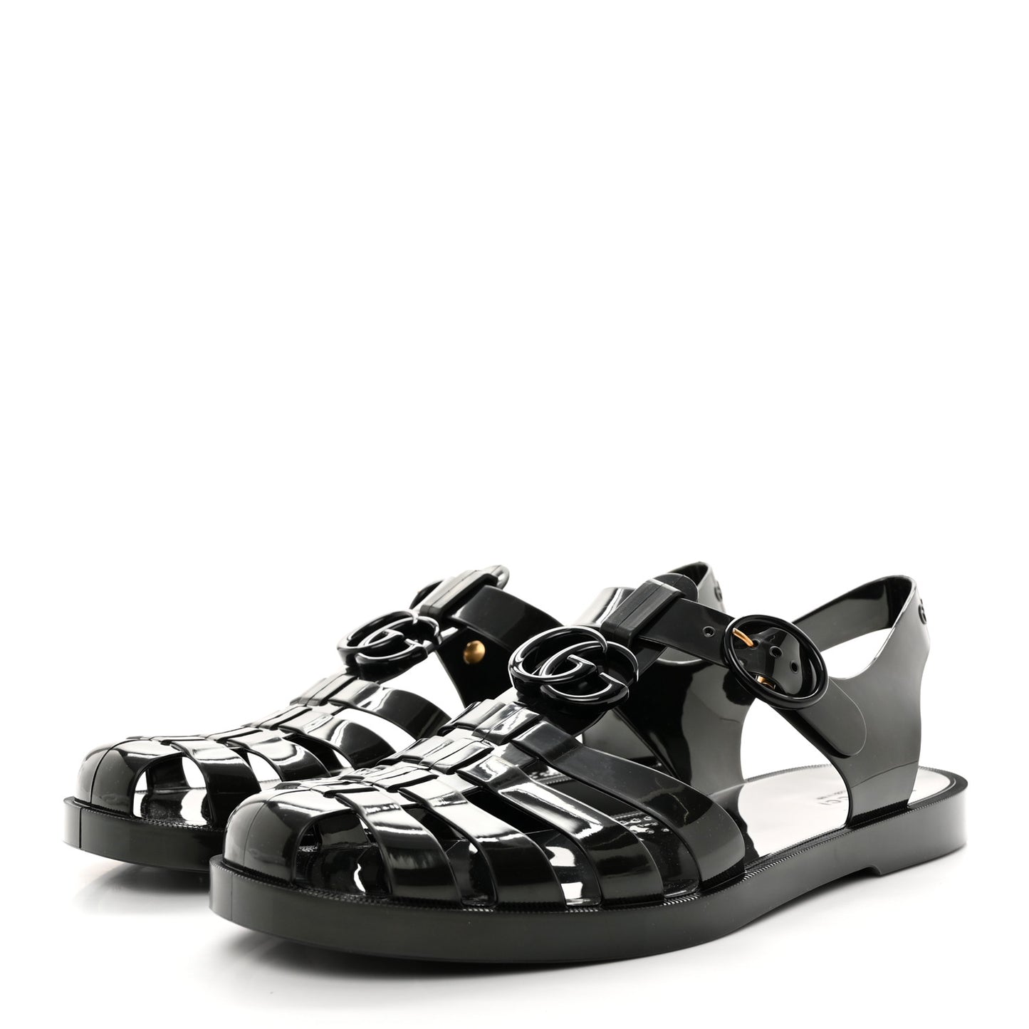 Shiny Rubber Double G Buckle Strap Sandals 8 Black