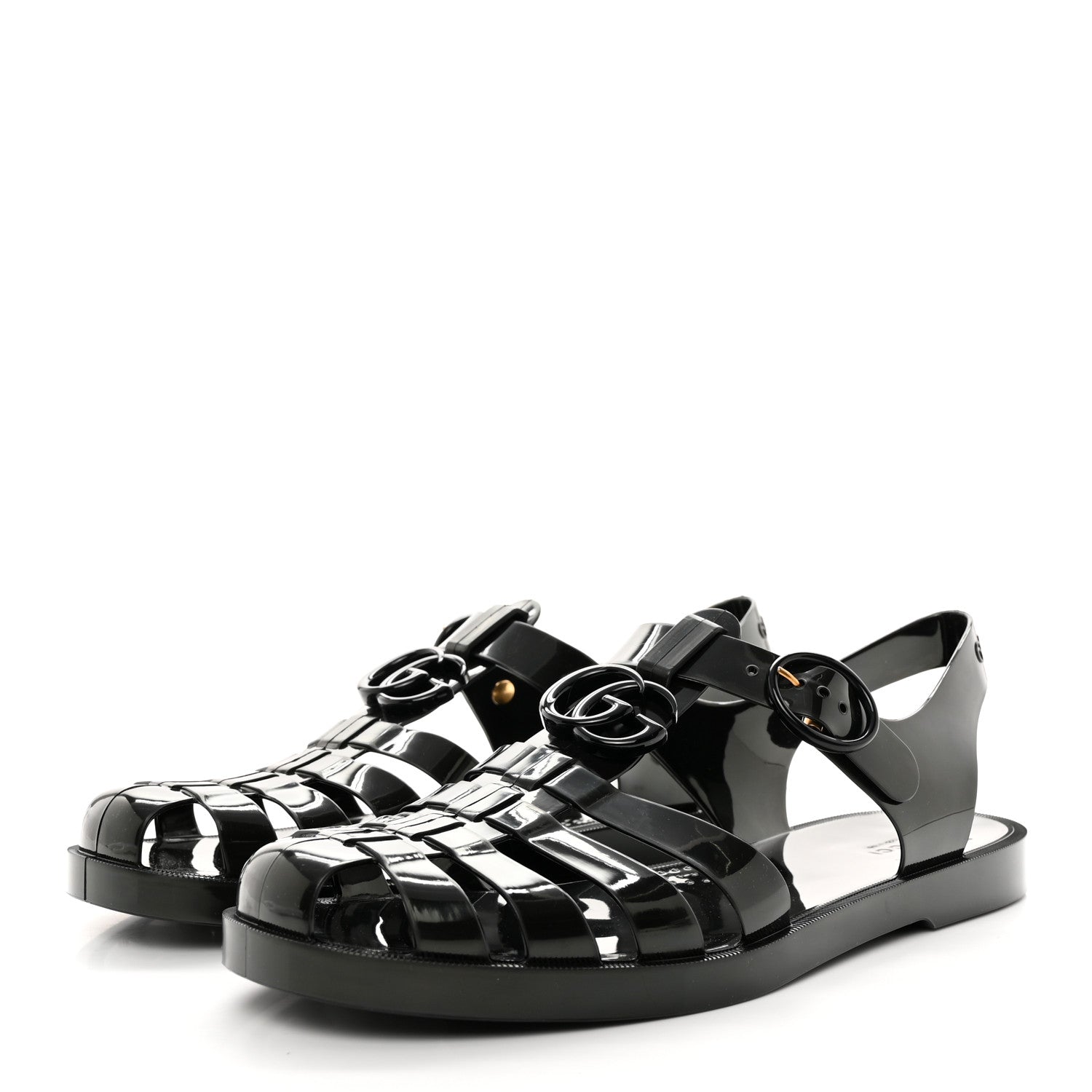 Gucci Shiny Rubber Double G Buckle Strap Sandals 8 Black 3 of 11