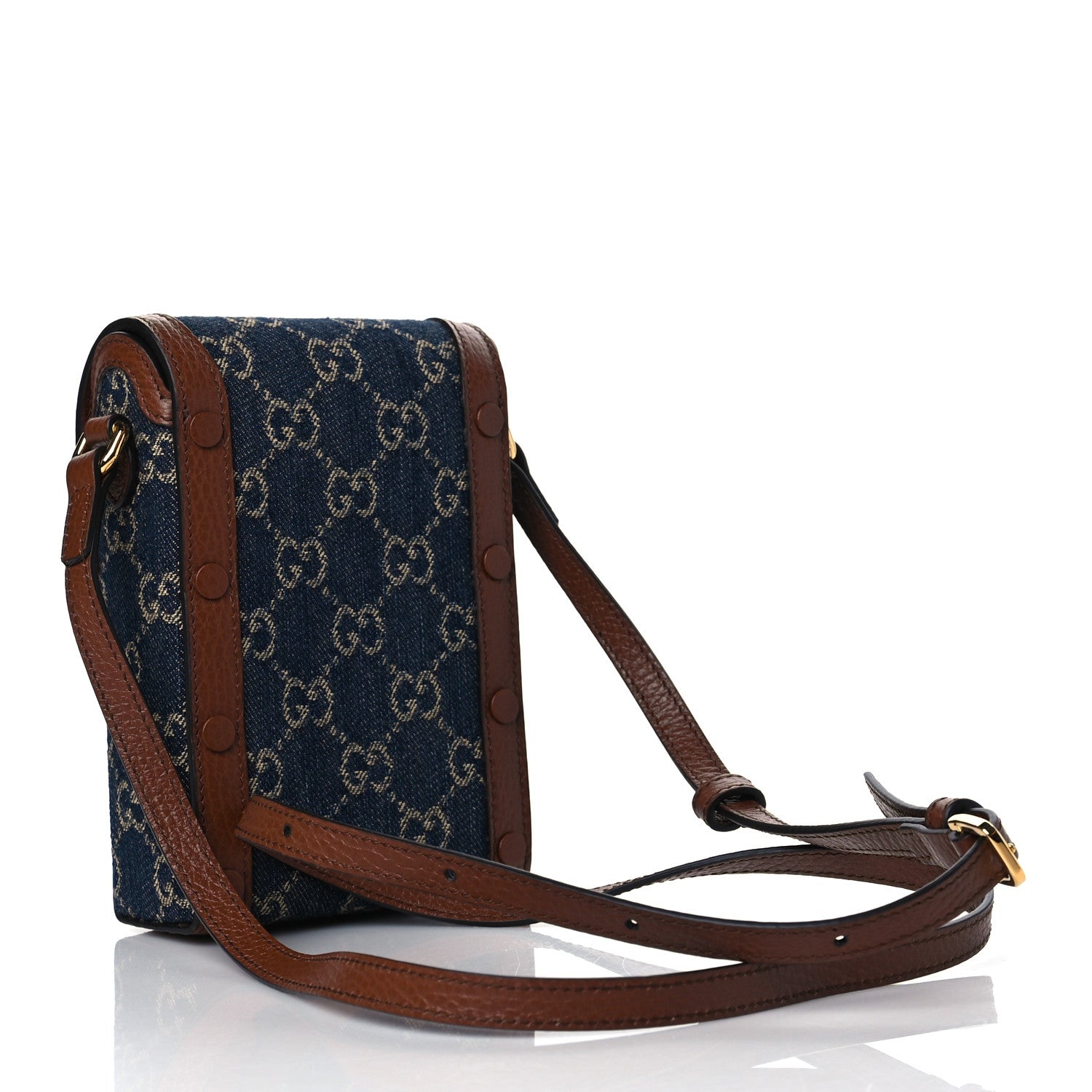 Gucci New Denim GG Monogram Dollar Calfskin Mini Horsebit 1955 Crossbody Bag Blue Tea Cuir Epilog 3 of 10