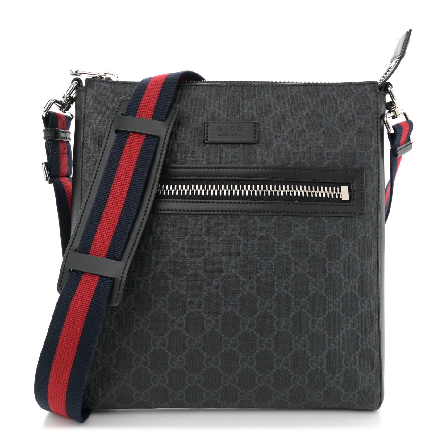 GG Supreme Monogram Appia Calfskin Web Flat Messenger Bag Black Grey