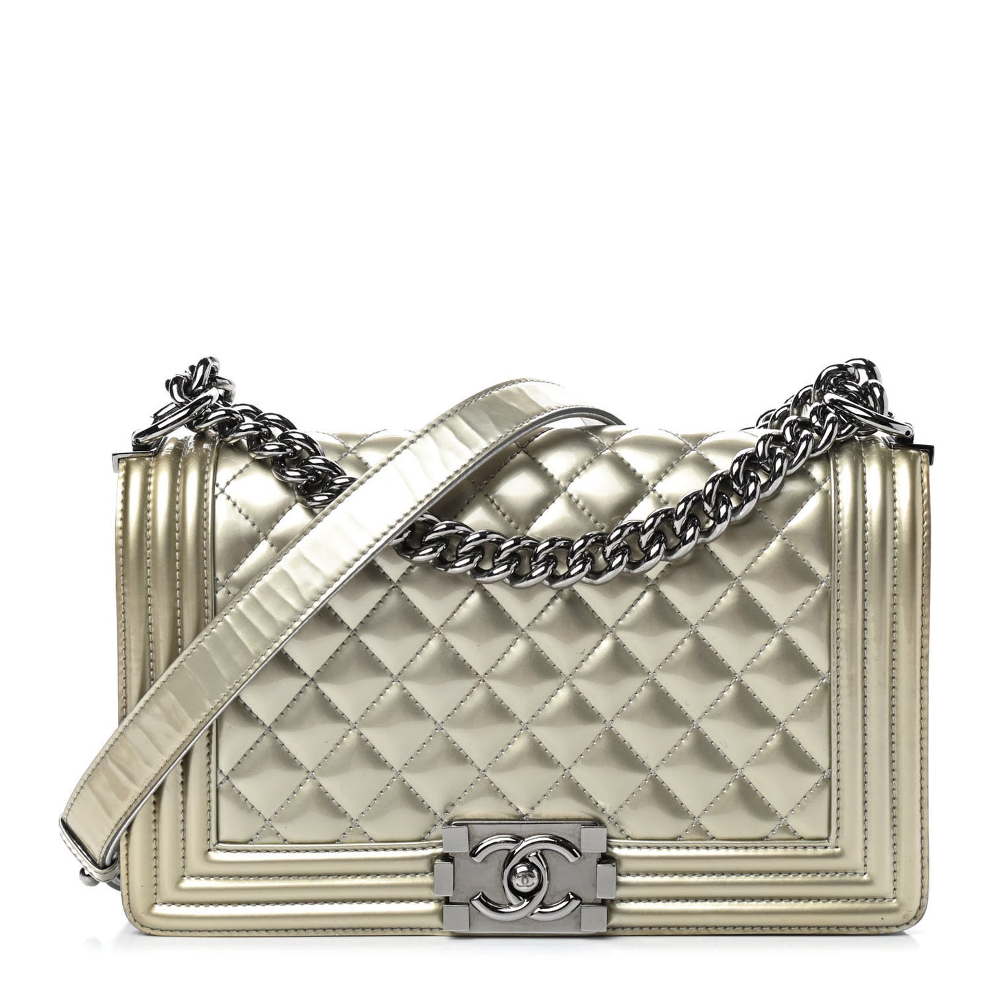 Metallic Patent Calfskin Quilted Medium Boy Flap Silver