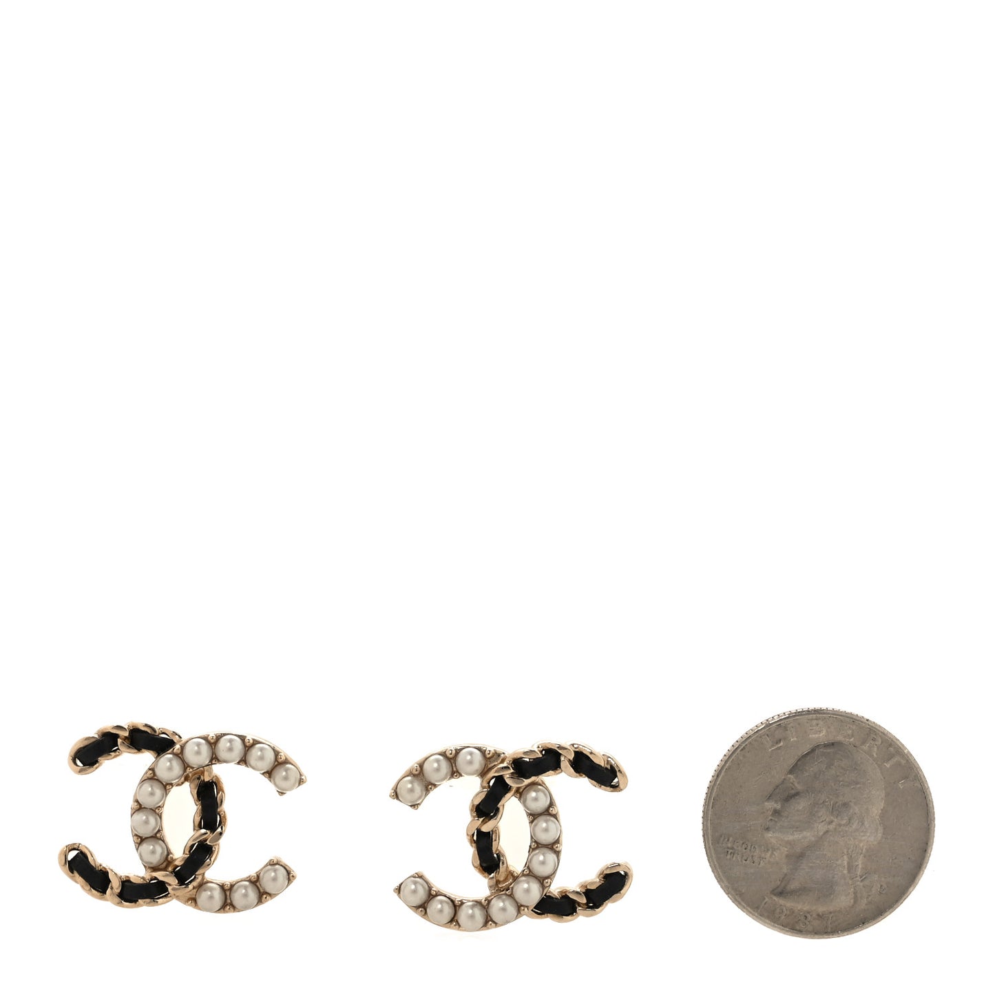 Pearl Lambskin Chain CC Stud Earrings Gold Black