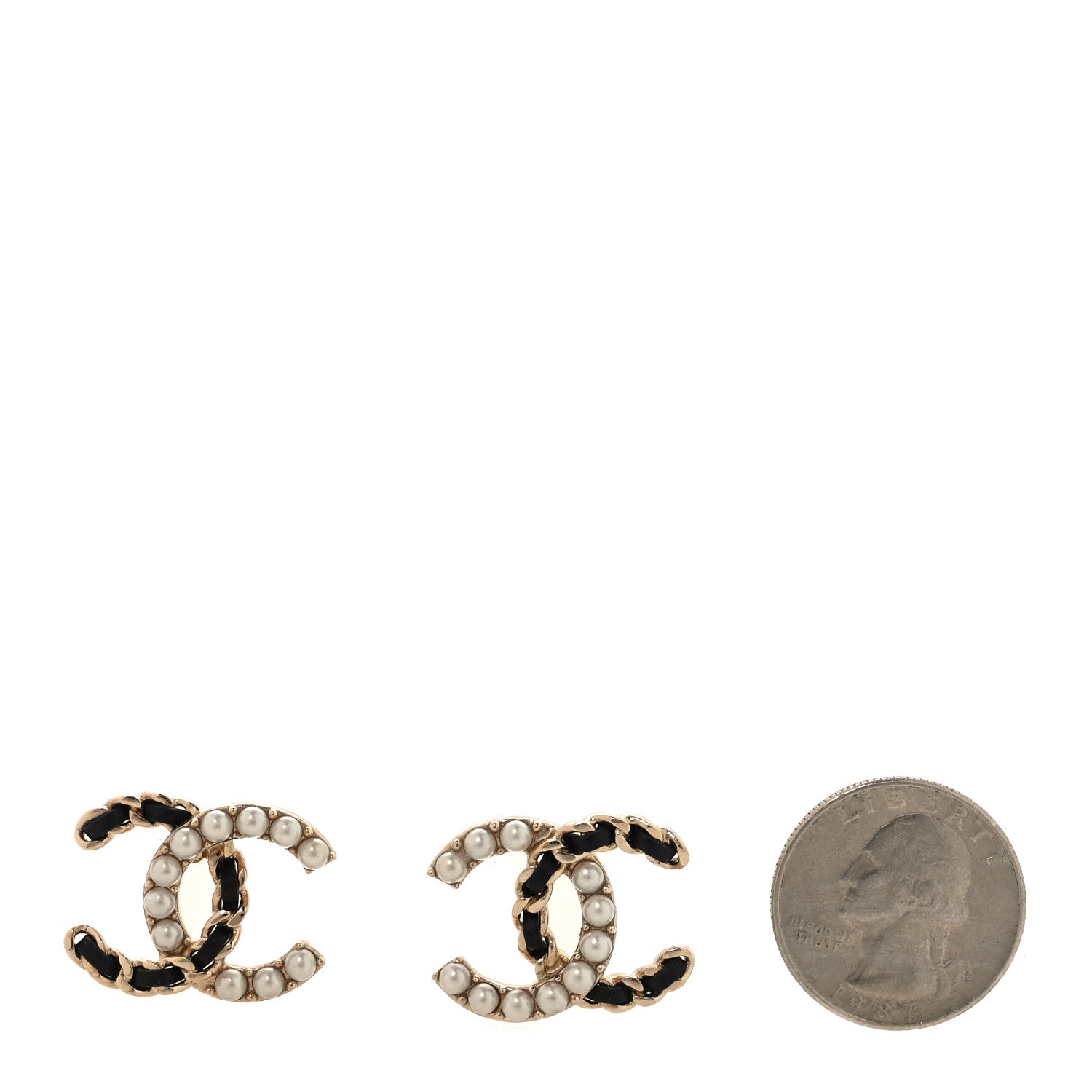 Chanel Pearl Lambskin Chain CC Stud Earrings Gold Black 2 of 5