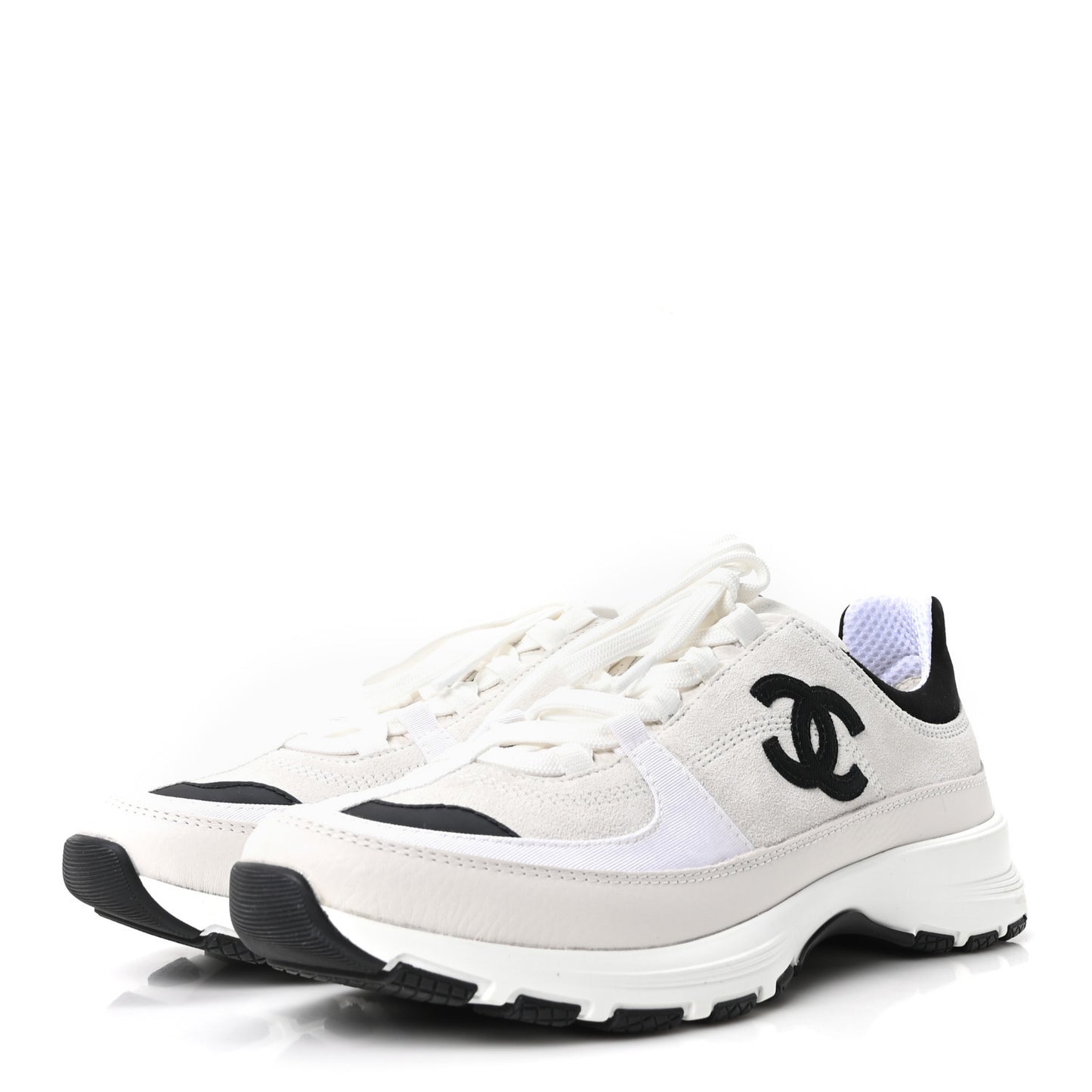 Suede Calfskin Grosgrain Womens CC Sneakers 39.5 White Black