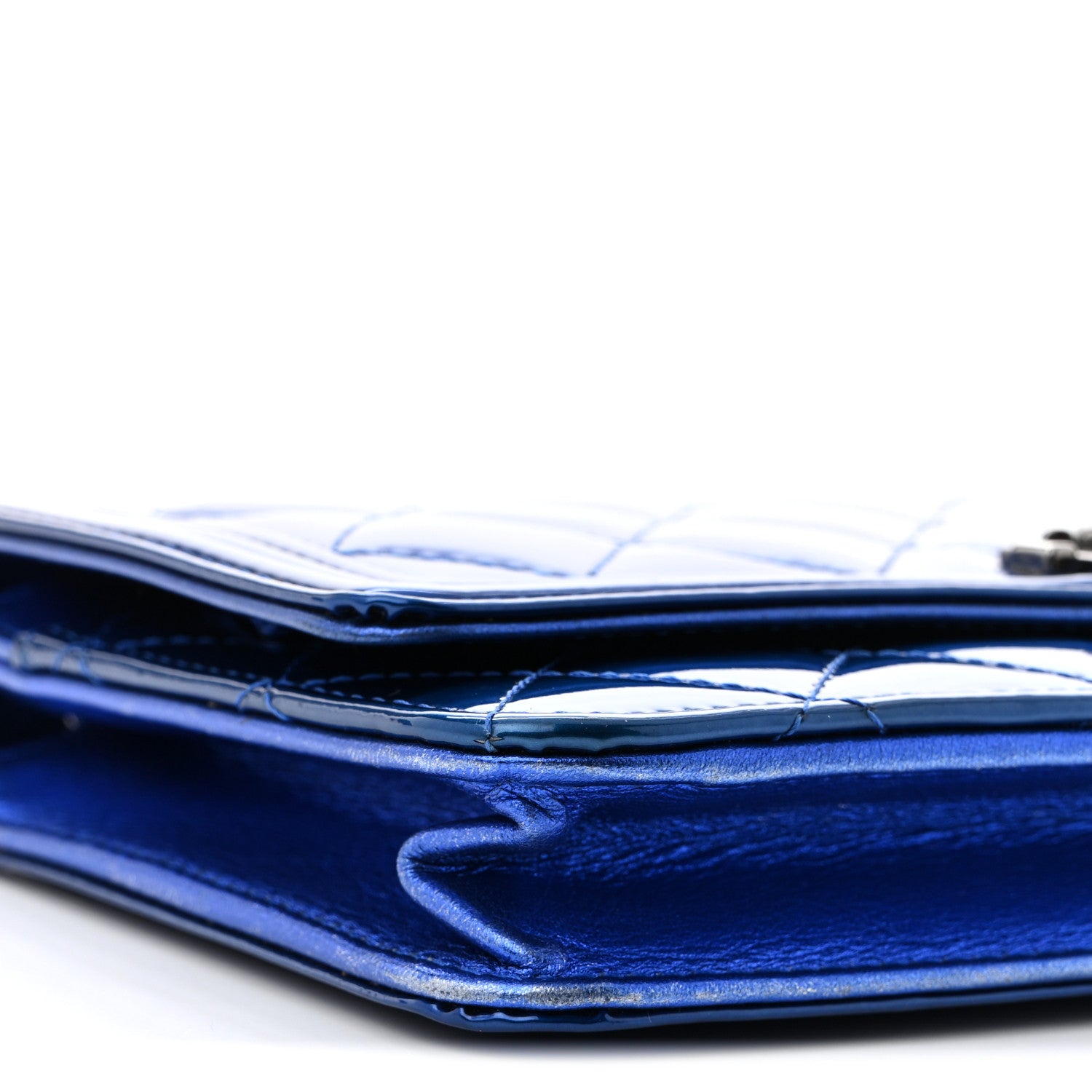Chanel Metallic Patent Calfskin Quilted Boy Wallet on Chain WOC Blue 10 of 12
