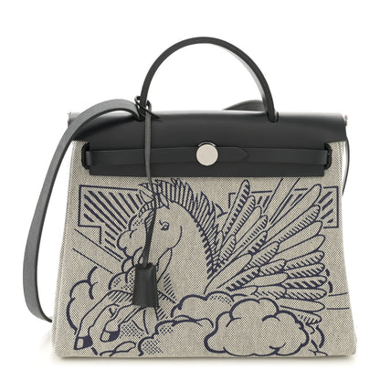 Hermes Vache Hunter Toile H Pegase Pop Herbag Zip Retourne 31 PM Bleu Indigo Ecru Black 1 of 14