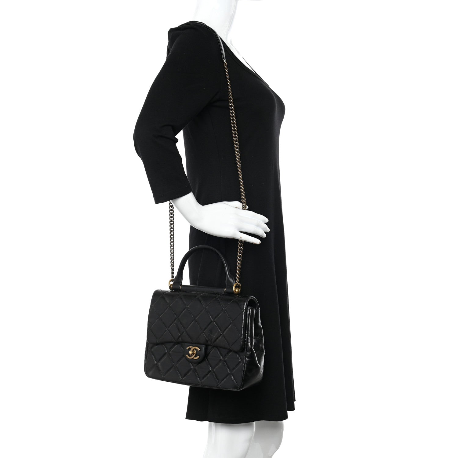 Chanel Glazed Calfskin Quilted Medium Gold Bar Top Handle Flap Black 2 of 12
