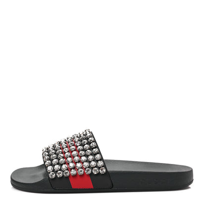 Gucci Calfskin Crystal Embellished Web Slide Sandals 41 Blue Red 1 of 7