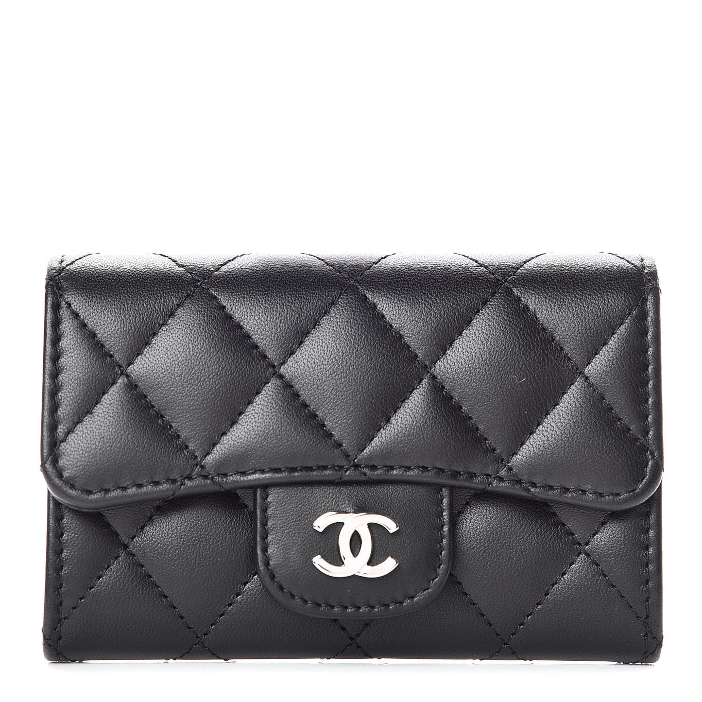 Lambskin Quilted Flap Card Holder Black