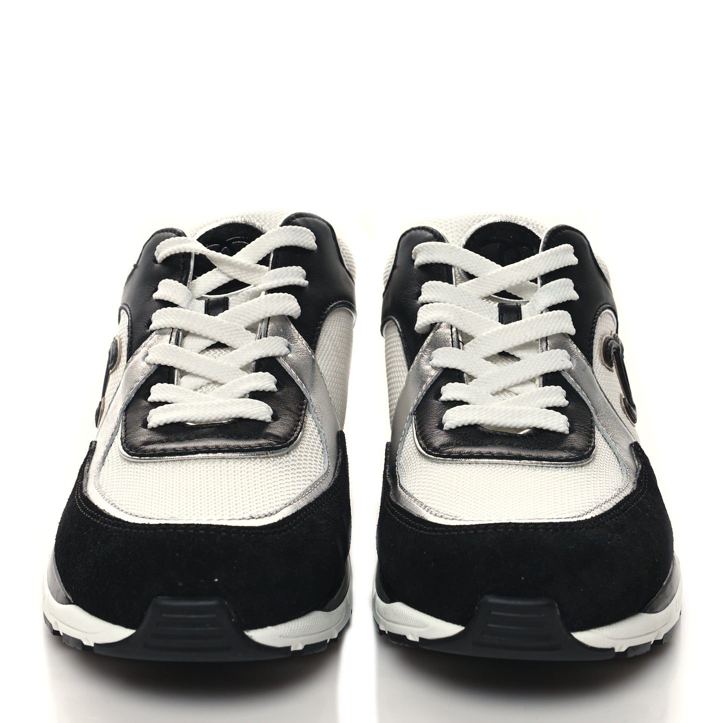 Mesh Suede Calfskin Grained Calfskin Womens CC Sneakers 38 Black White