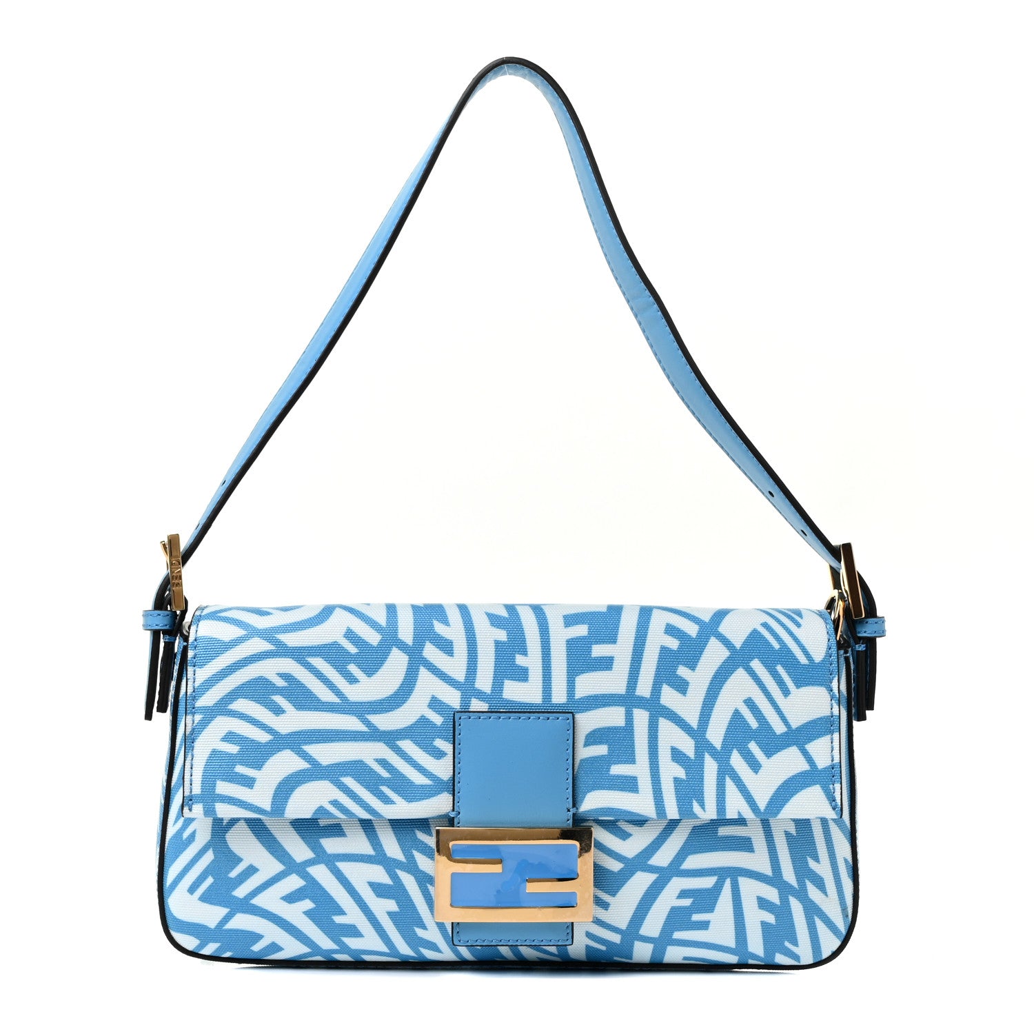 Fendi X SARAH COLEMAN Glazed Canvas Vitello King FF Vertigo Baguette 1997 Cyber Blue White 1 of 7