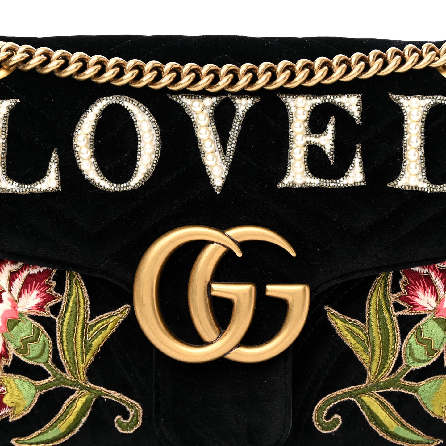 Velvet Matelasse Loved Embroidered Medium GG Marmont Shoulder Bag Black