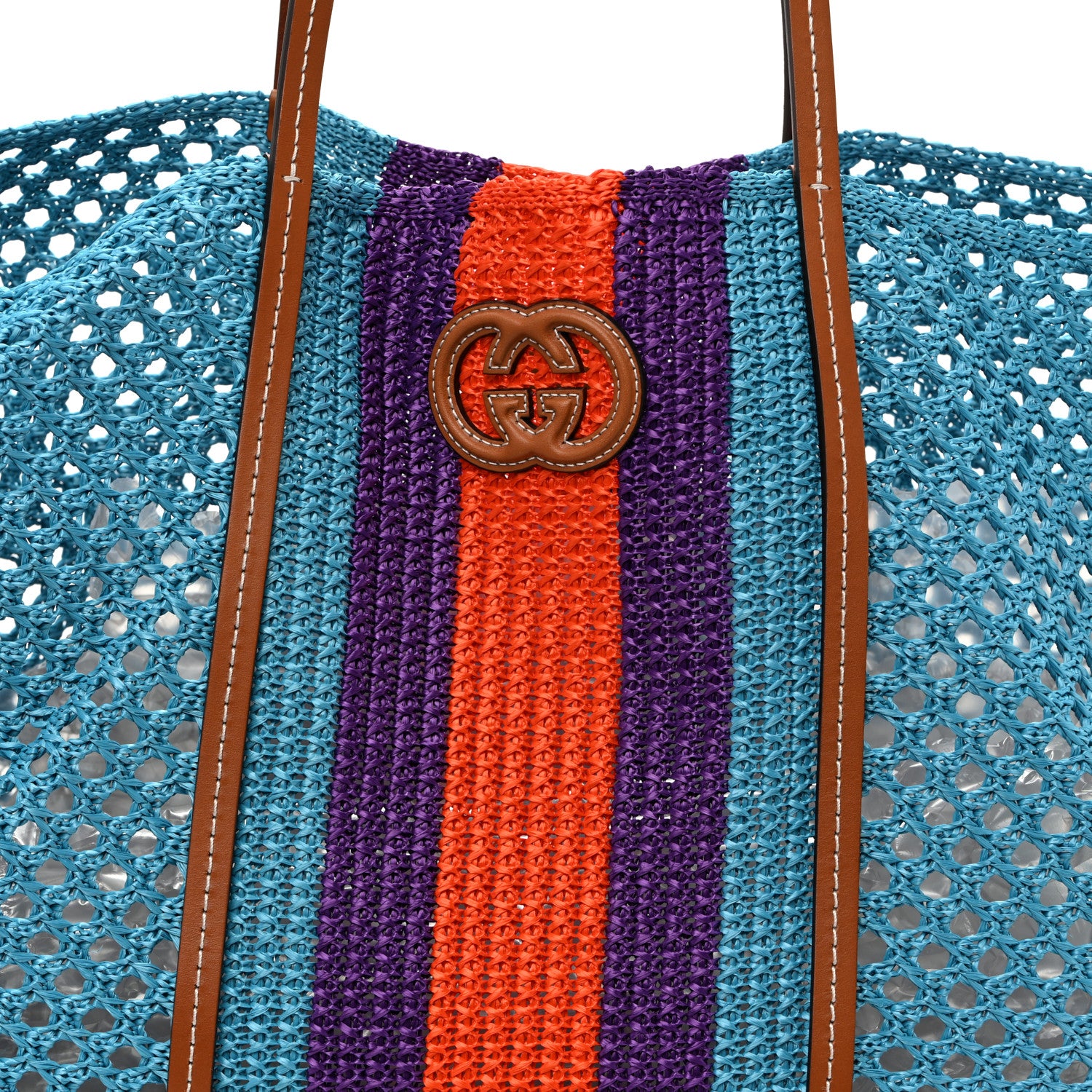 Gucci Raffia Web Woven Interlocking G Tote Blue Multicolor 8 of 10