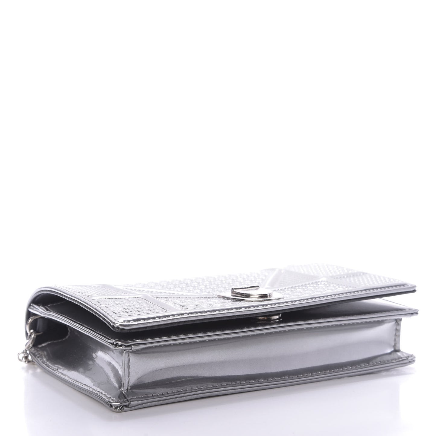 Metallic Patent Micro-Cannage Diorama Wallet on Chain Pouch Silver