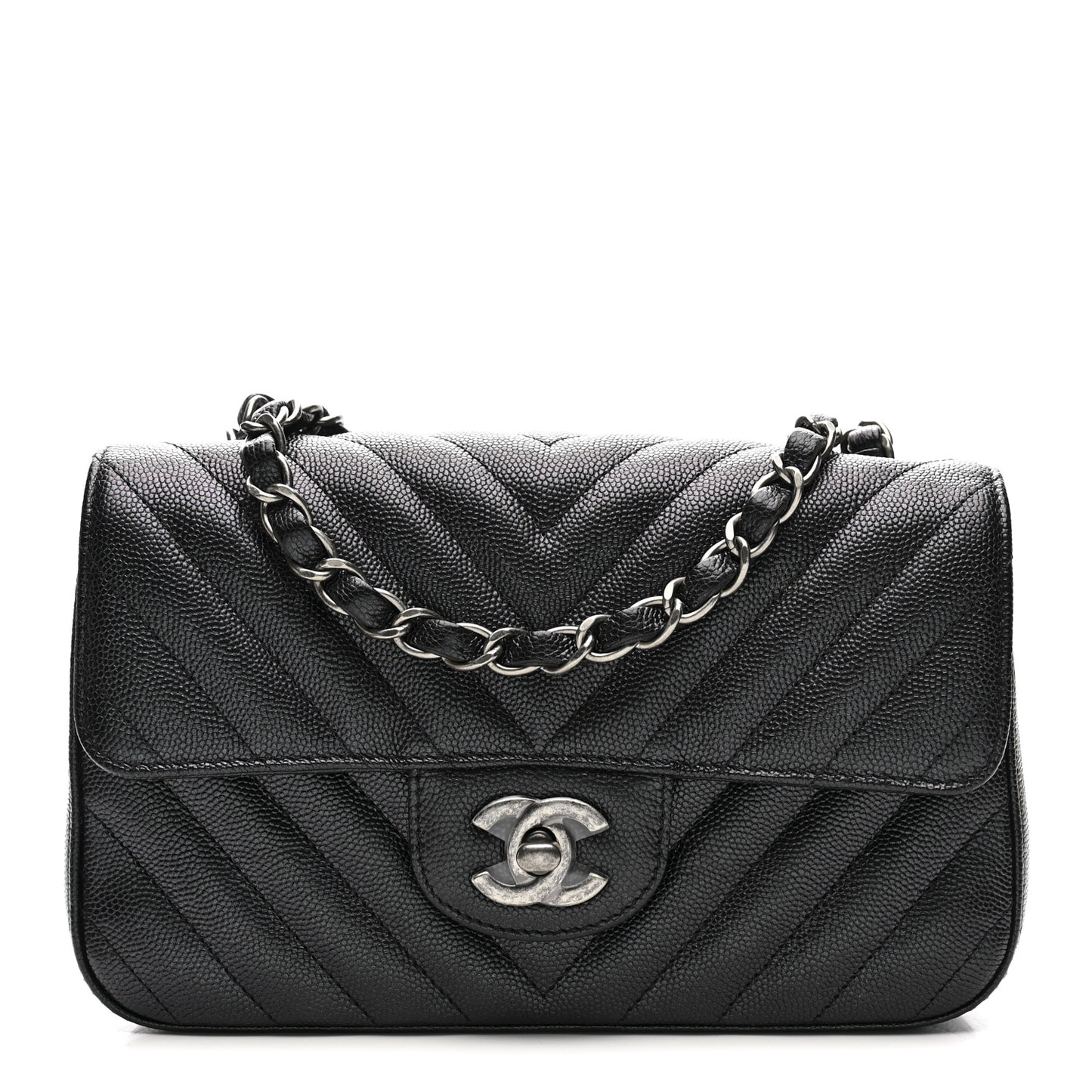 Metallic Caviar Chevron Quilted Mini Rectangular Flap Black