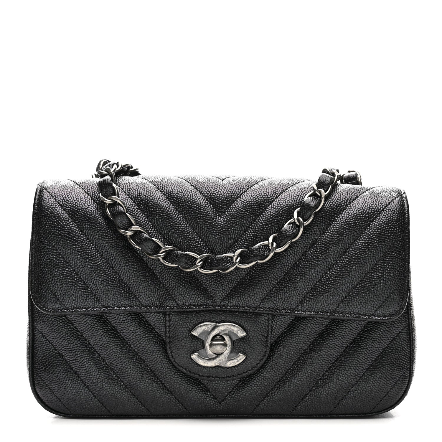 Chanel Metallic Caviar Chevron Quilted Mini Rectangular Flap Black 1 of 10