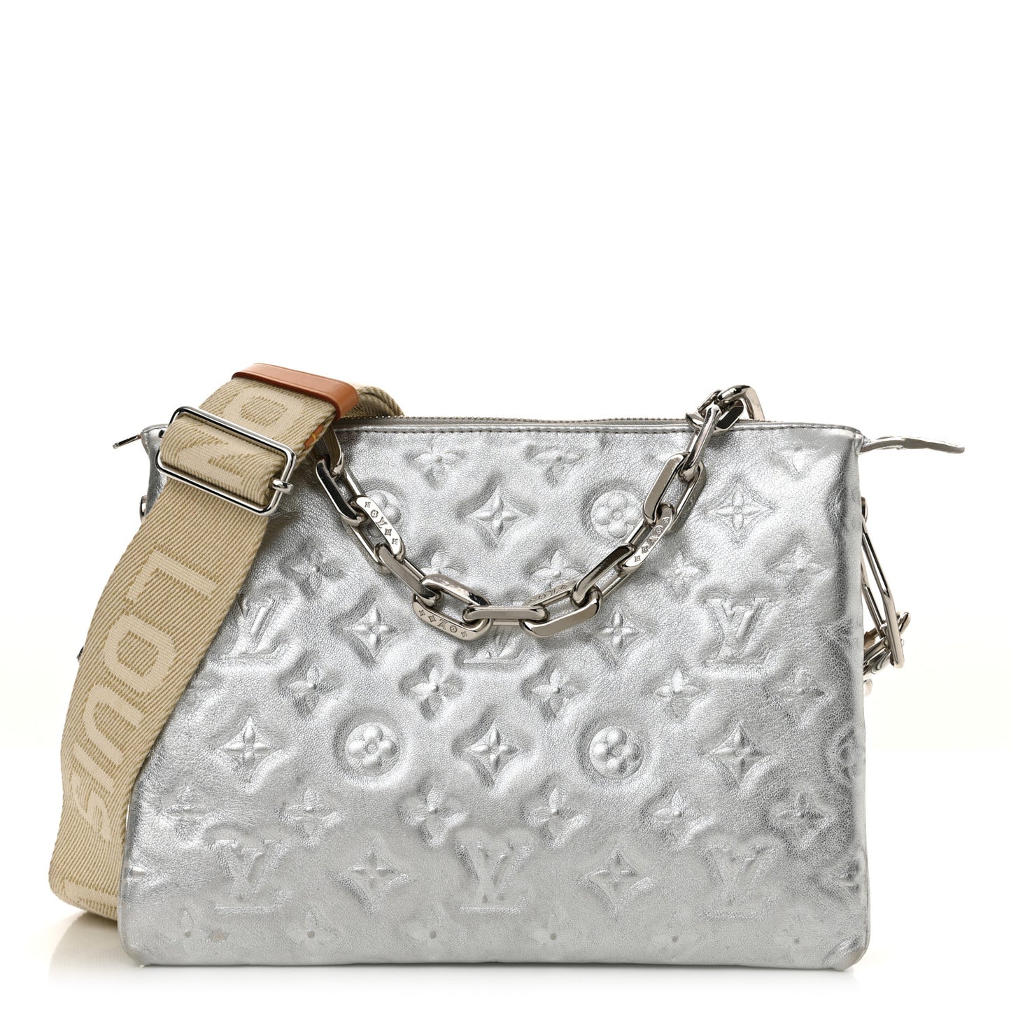 Metallic Lambskin Embossed Monogram Coussin PM Silver