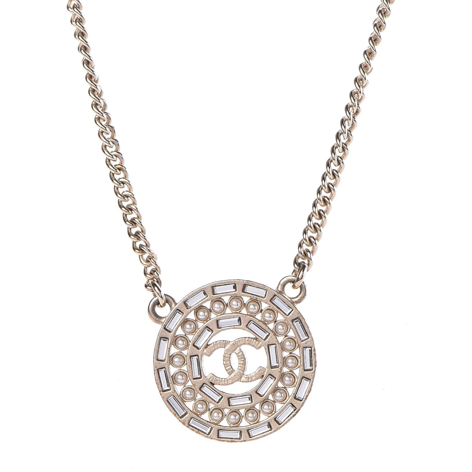Chanel Pearl Baguette Crystal CC Medallion Necklace Gold 4 of 6